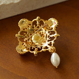 Vintage Courtly Elegance: Red Agate and Pearl Brooch