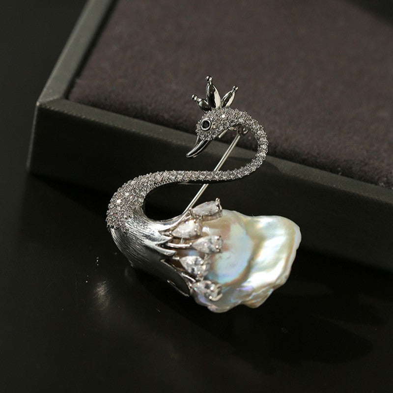 Diamond Swan Baroque Pearl Brooch