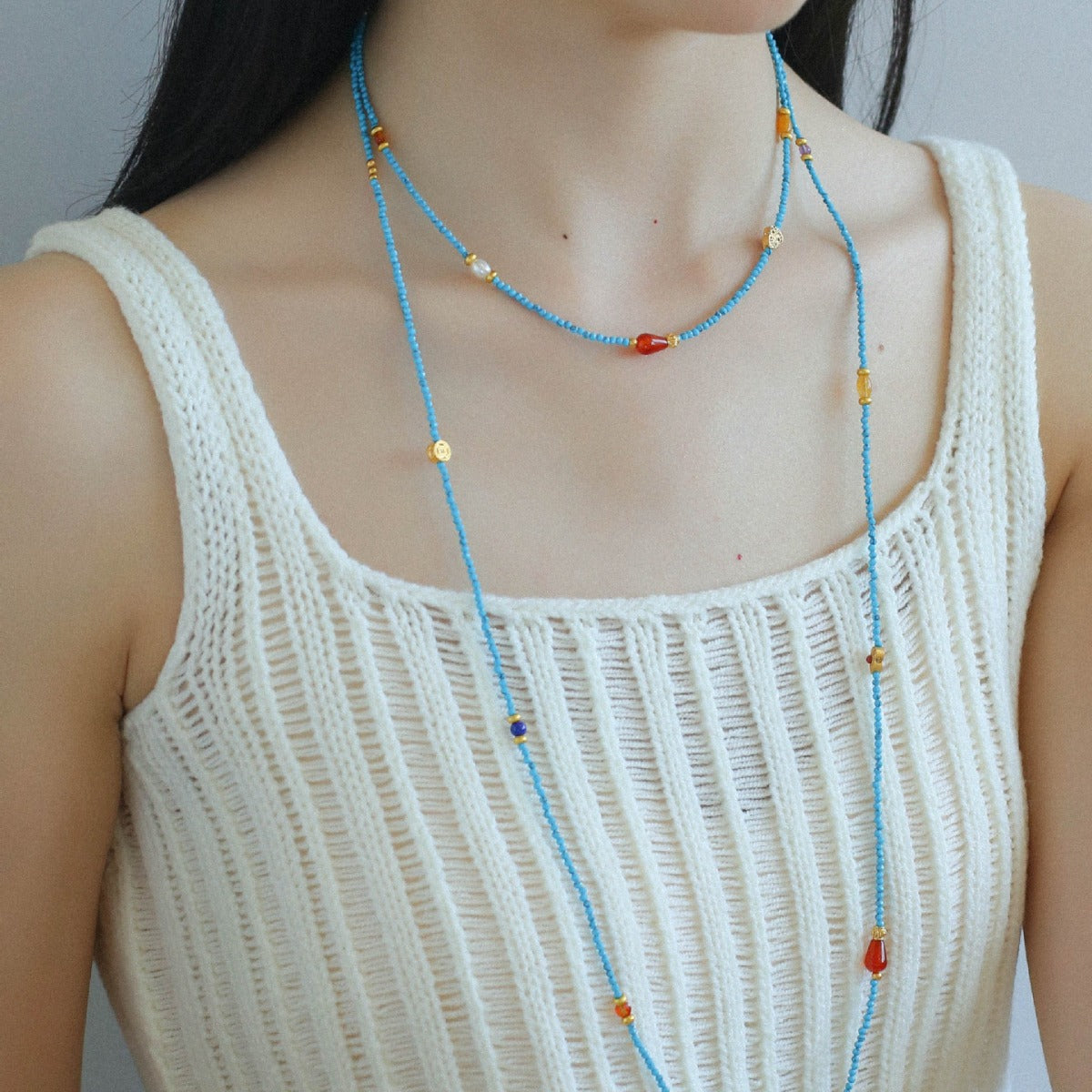 Blue Turquoise Red Onyx Multi-element Beaded Necklace