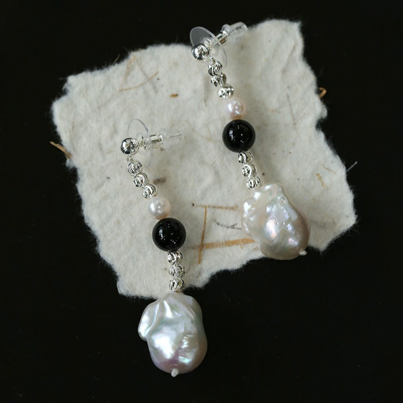 Pearl and Black Onyx Long Drop Earrings