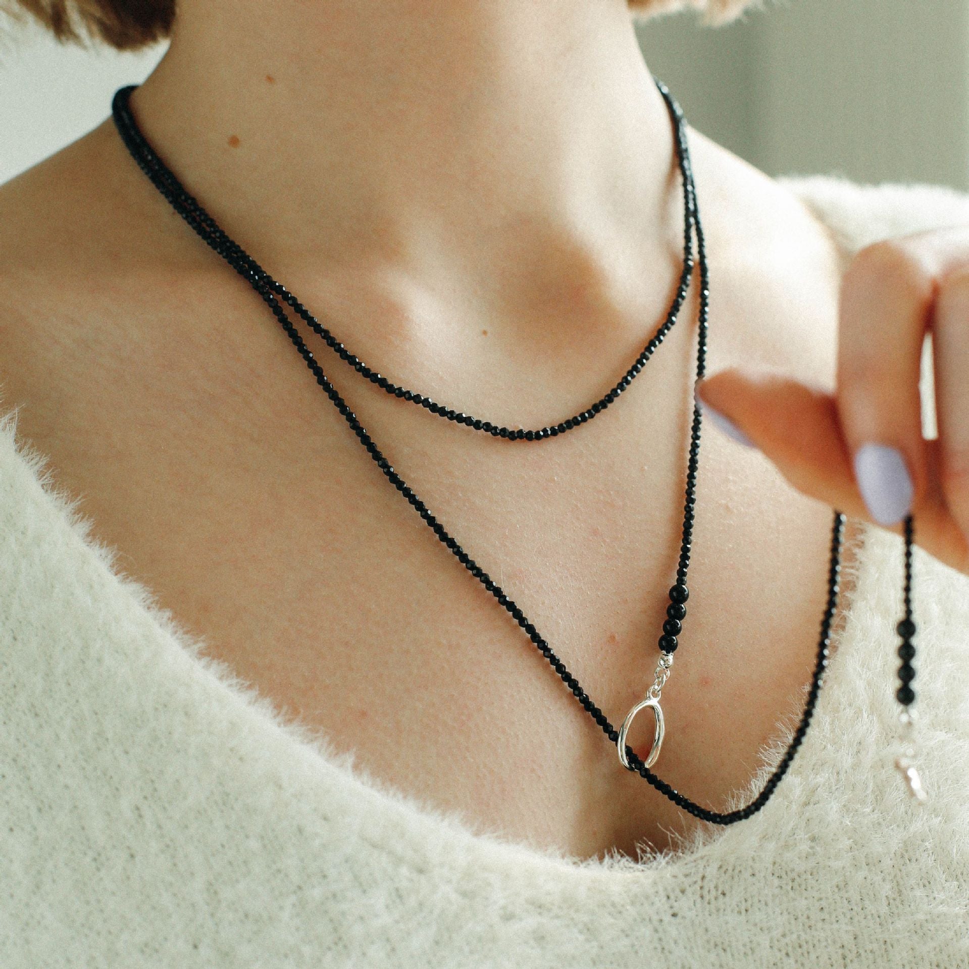 2mm Black Spinel Long Sparkling Beaded Necklace