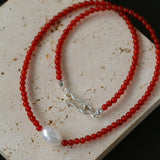 Single Pearl Red Agate Black Agate Beaded Necklace