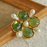 Vintage Handmade Stained Glass Pearl Petal Brooch