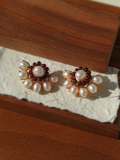 Natural Baroque Pearl Red Garnet Retro Earrings