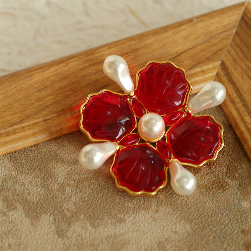 Vintage Handmade Stained Glass Pearl Petal Brooch