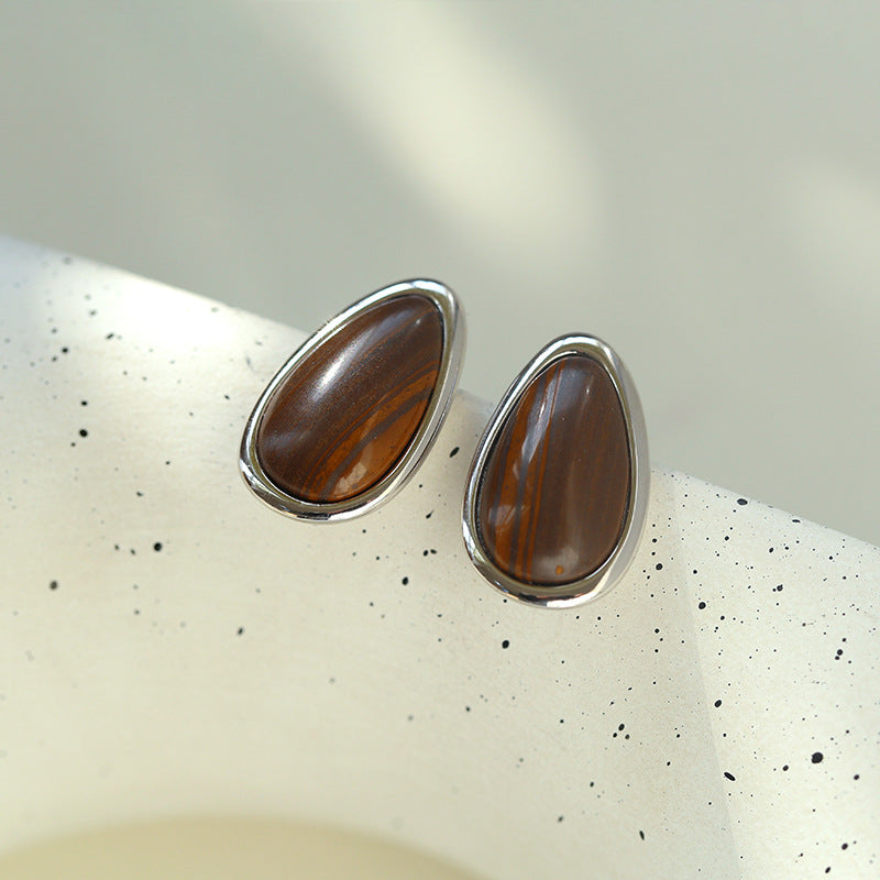 Minimalist 925 Silver Wood Grain Stone Earrings