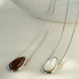 Minimalist 925 Silver Wood Grain Stone White Mother of Pearls Necklace