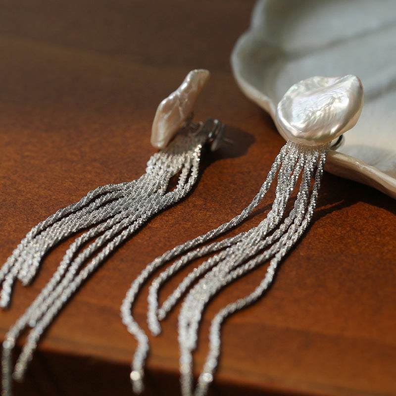 Boucles d'oreilles chaîne anémone argent pampille pétale perles baroques 