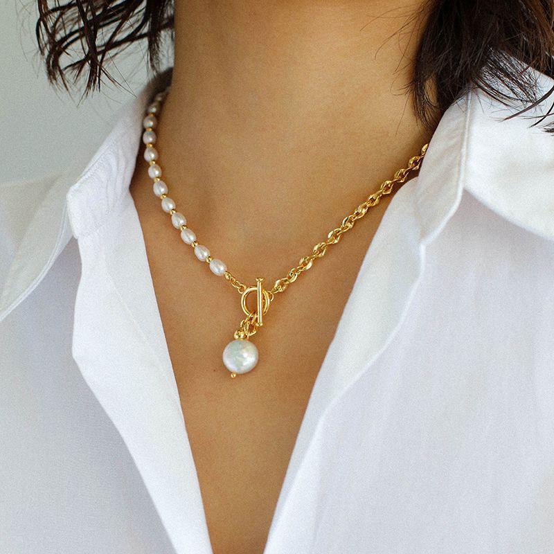 Spliced Chain Pearl Y Gold Necklace