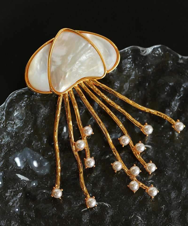 Gray & White Mother-of-pearl Glass Jellyfish Brooch