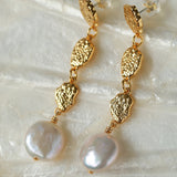 Gold Lava Coin Baroque Pearls Long Drop Earrings