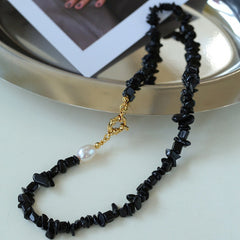 Brilliant Black Agate Crushed Stone and Pearl Necklace