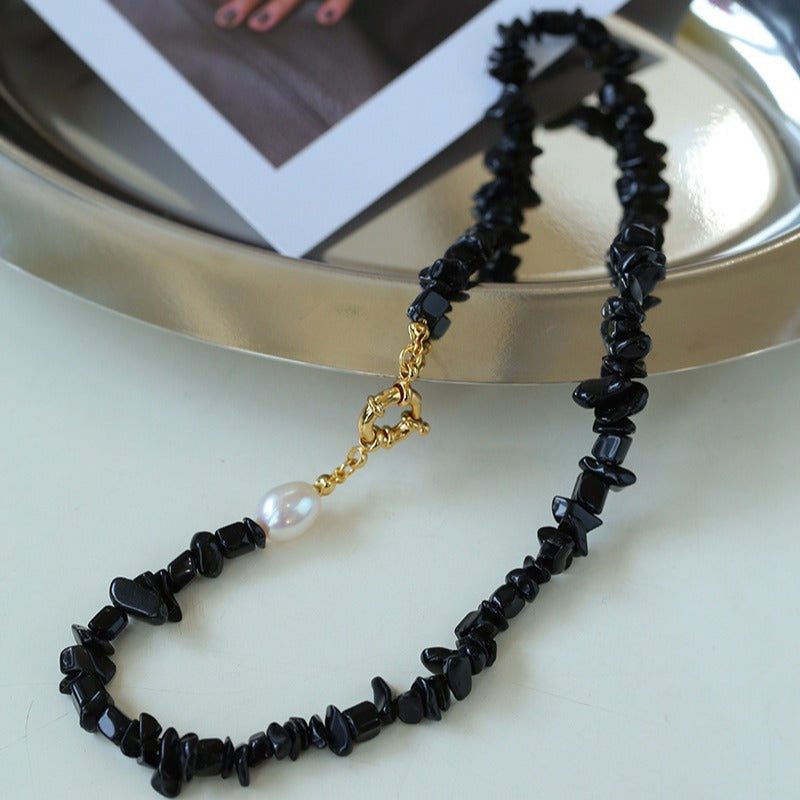 Brilliant Black Onyx Crushed Stone and Pearl Necklace