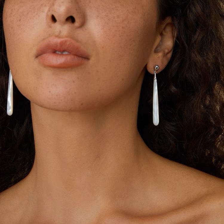 925 Silver Long Teardrop White Mother of Pearls Earrings