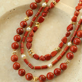 Joyful Red Stone Round Bead and Pearl Bead Beaded Necklace