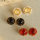 Minimalist Natural White Crystal Pearl Stud Earrings Black & Red Agate Variants