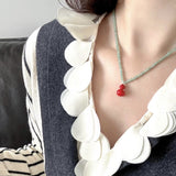 Green Aventurine and Red Enamel Gourd Pendant Necklace