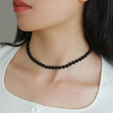 925 Silver Clasp 6mm Black Agate Beaded Choker Necklace