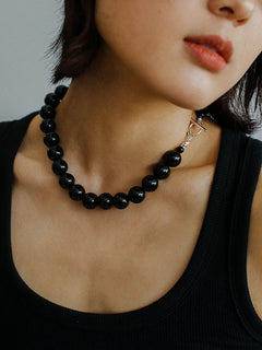 Collier de perles en onyx noir de 14 mm avec boucle OT