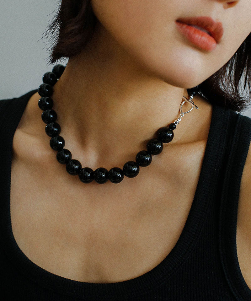 Black Onyx Beaded OT Buckle Necklace-14mm