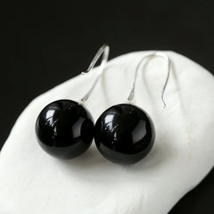 Black Onyx White Crystals Pearl Ear Hooks Drop Earrings