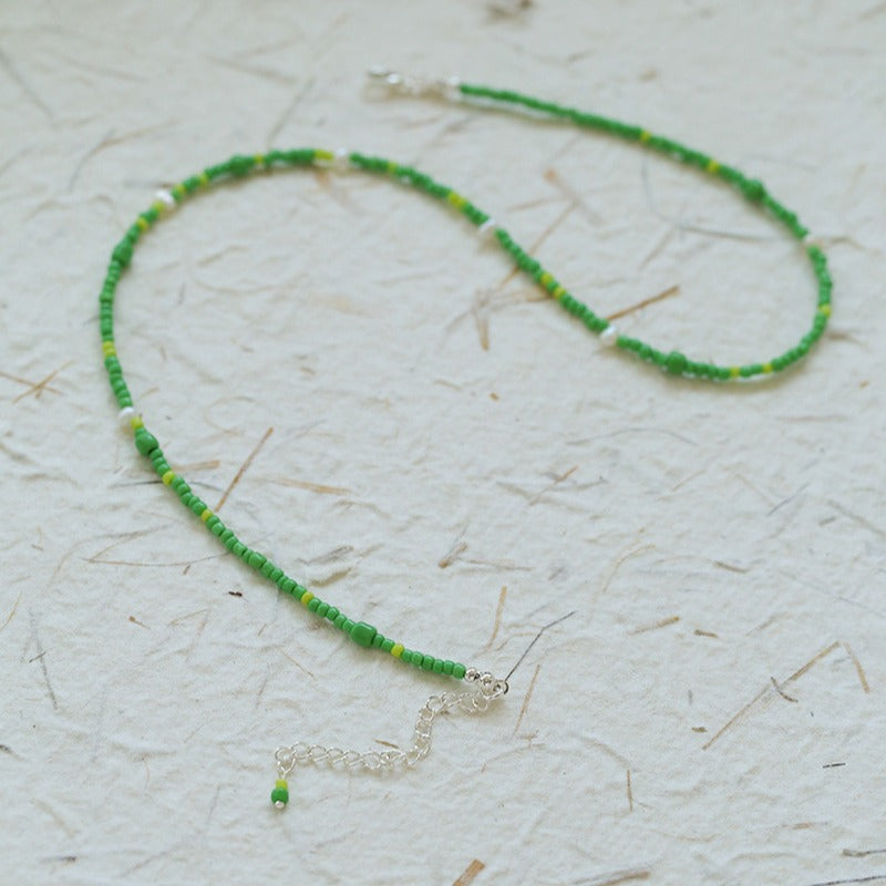 Green Ceramic Rice Bead and Pearl Bead Necklace