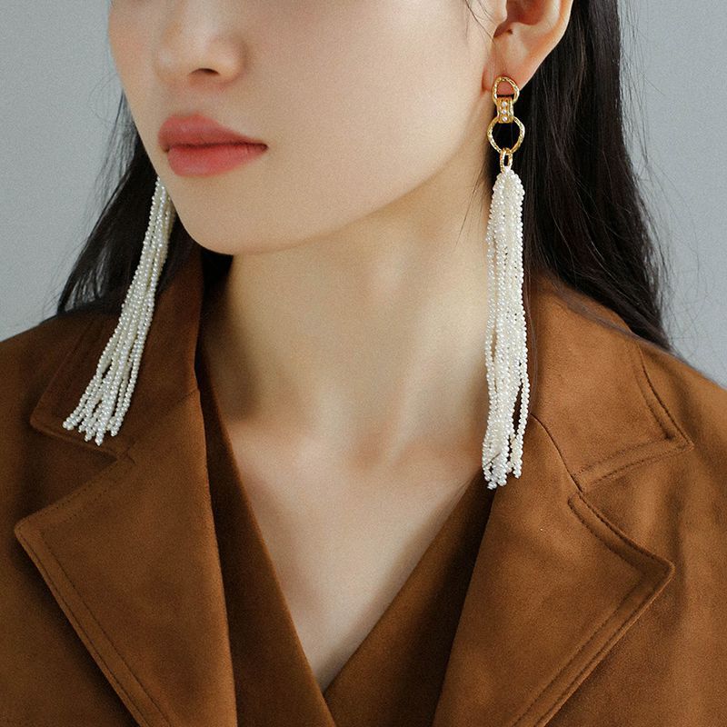 Braided Long Rice Grain Pearl Earring