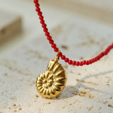 Mini Red Coral Beaded Necklace with Conch Pendant