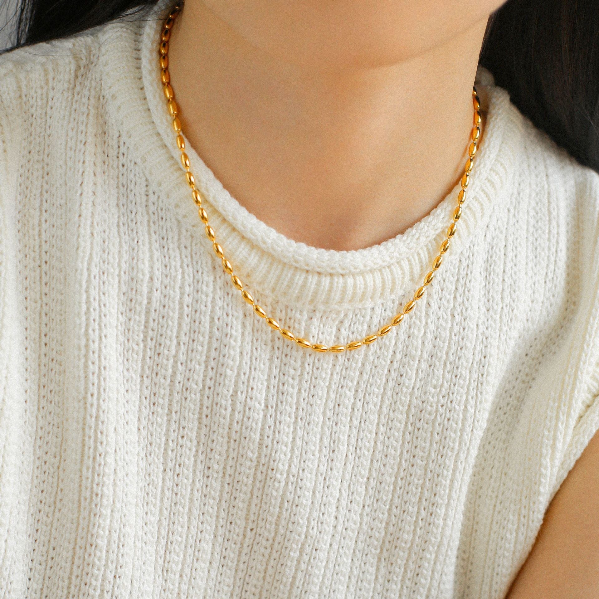 Tiny Silver Beans and Olive Beads Layered Necklace