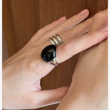 S925 Sterling Silver Irregular Black Agate Wide Rings