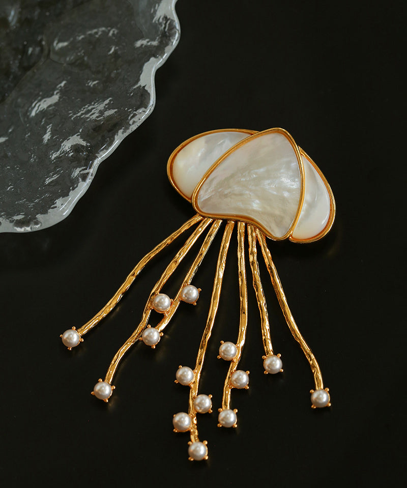 Gray & White Mother-of-pearl Glass Jellyfish Brooch