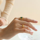 Green Gemstone Hollow Wide Face Open Ring