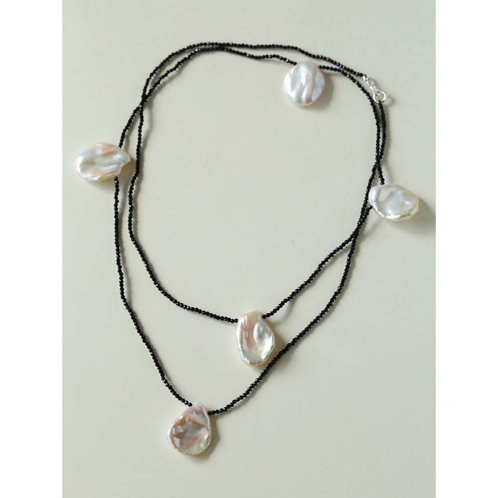 Large Petal Baroque Pearl Black Spinel Necklace-Five Pearls