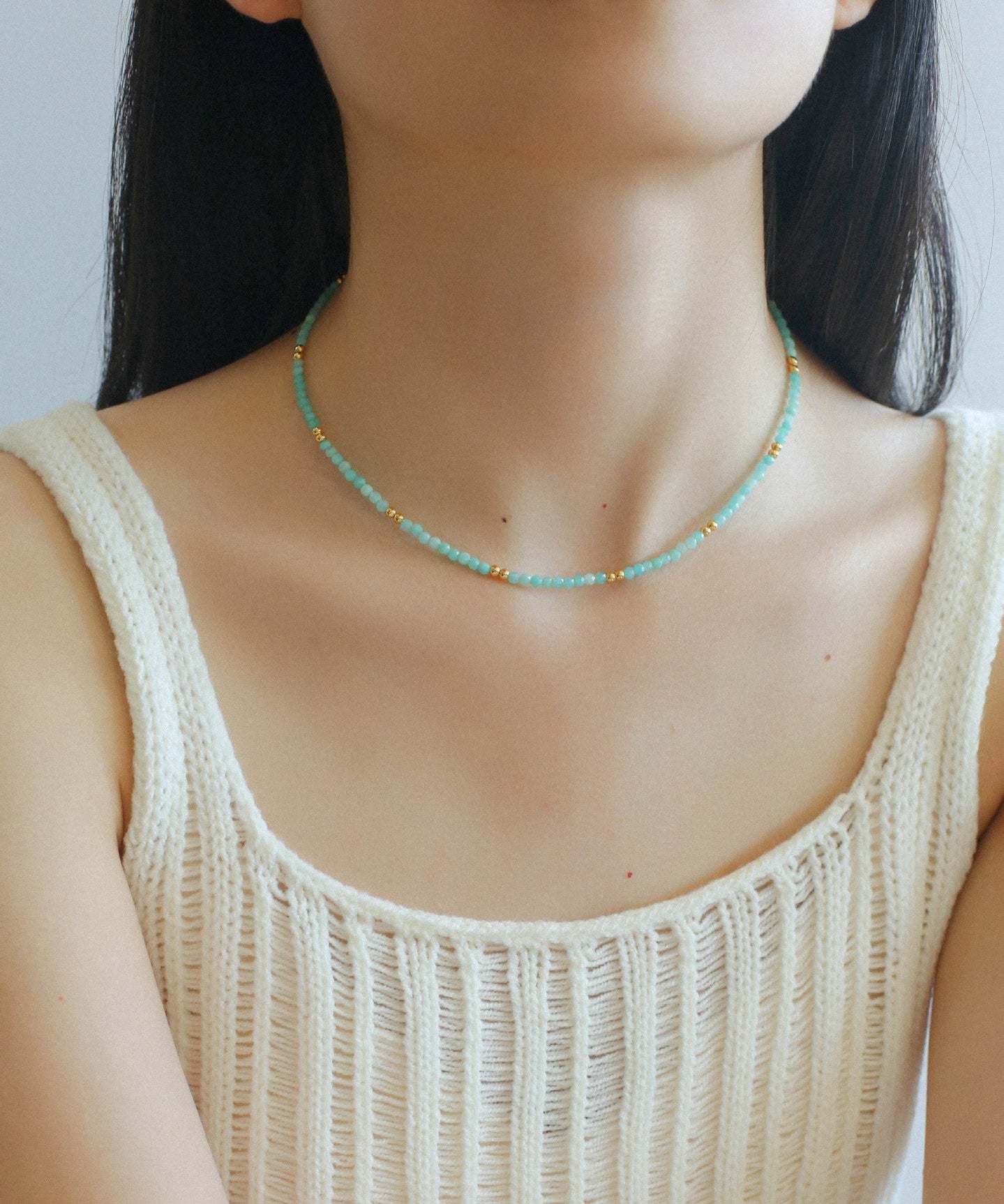 Amazonite and Gold Bean Beaded Necklace - floysun