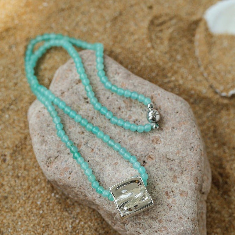 Amazonite Beaded Square Pendant Necklace - floysun