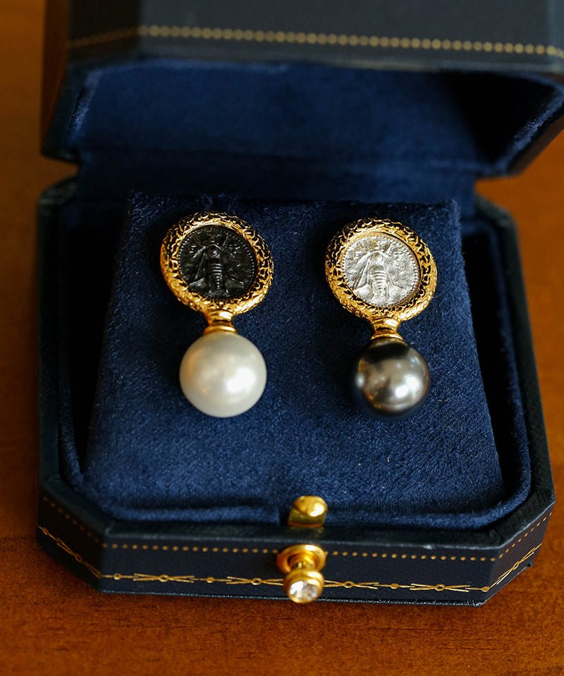 Ancient Greek Retro 925 Silver Coin Pearl Stud Earrings - Type H I - floysun