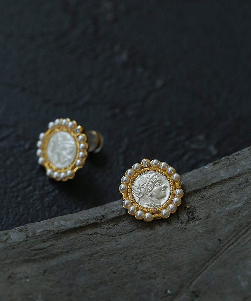 Ancient Greek Retro 925 Silver Coin Stud Earrings - Type C - floysun