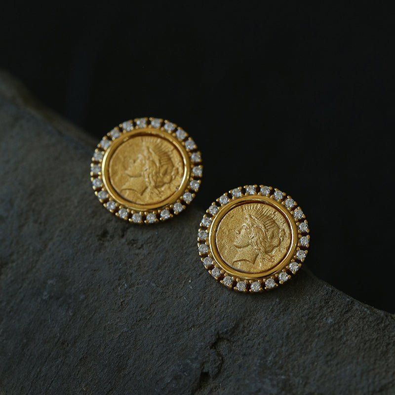 Ancient Greek Retro 925 Silver Coin Stud Earrings - Type E - floysun