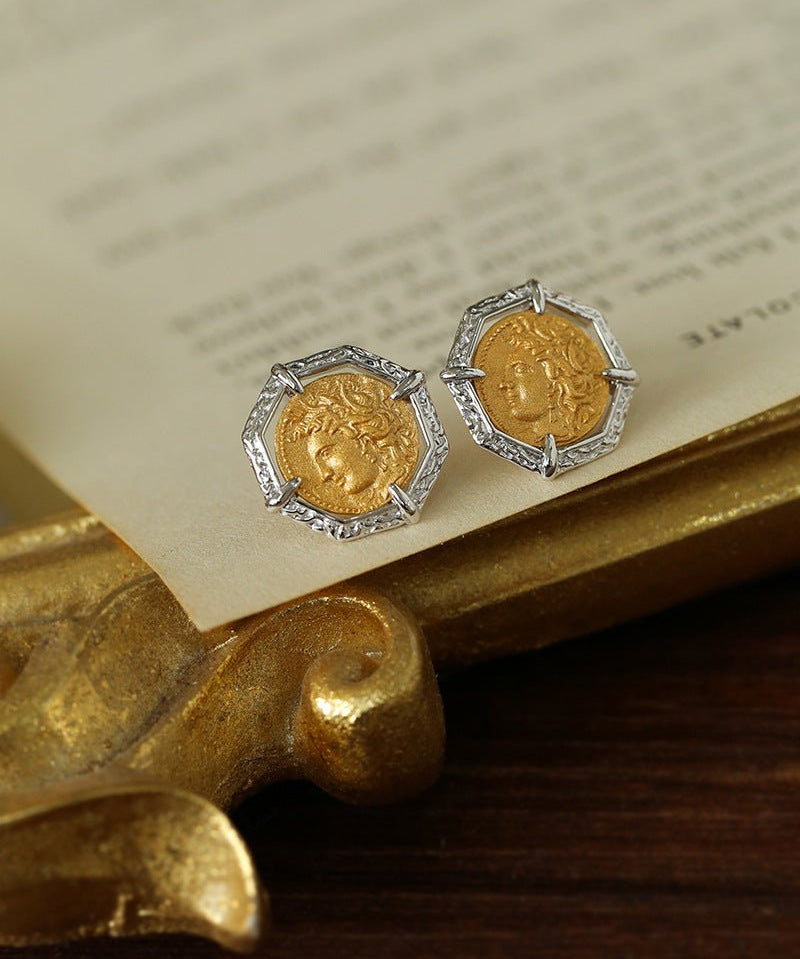 Ancient Greek Retro 925 Silver Coin Stud Earrings - Type F - floysun