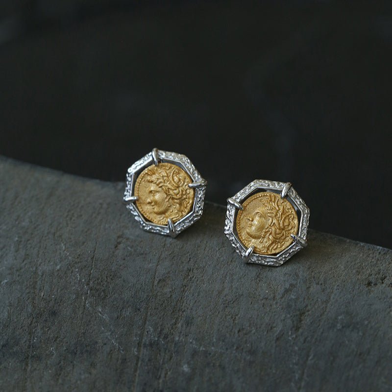 Ancient Greek Retro 925 Silver Coin Stud Earrings - Type F - floysun