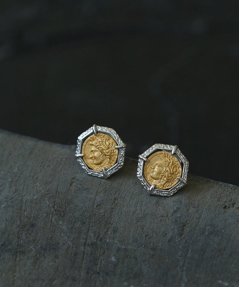 Ancient Greek Retro 925 Silver Coin Stud Earrings - Type F - floysun