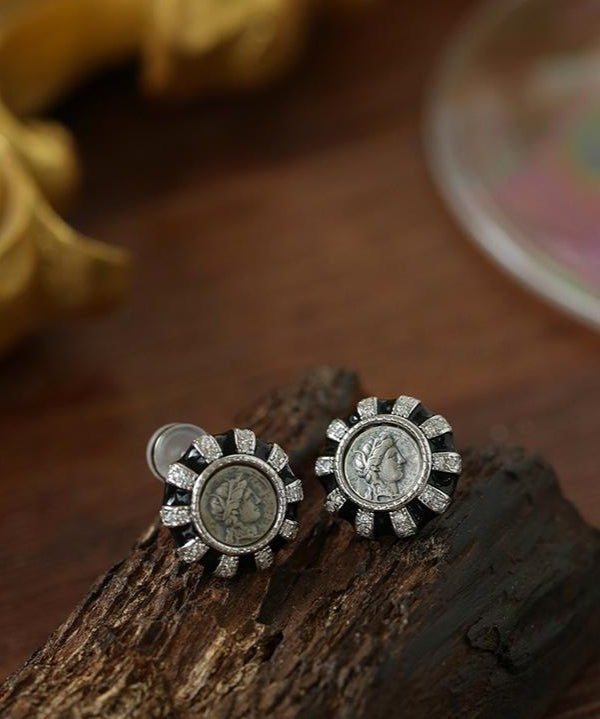 Ancient Greek Retro 925 Silver Coin Stud Earrings - Type K - floysun