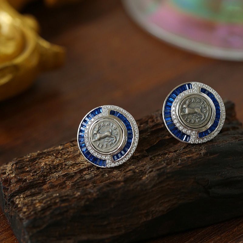 Ancient Greek Retro Blue 925 Silver Coin Stud Earrings - Type J - floysun