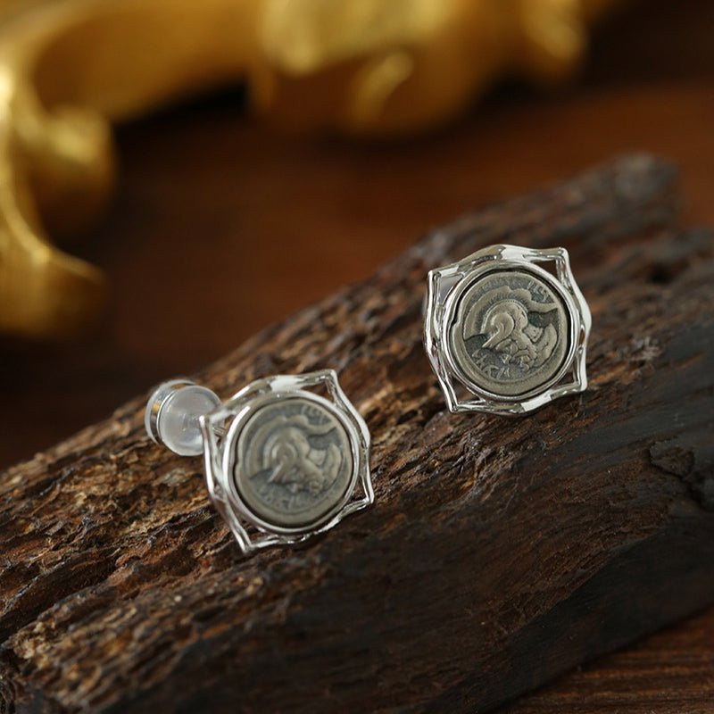 Ancient Greek Retro Blue 925 Silver Coin Stud Earrings - Type L - floysun