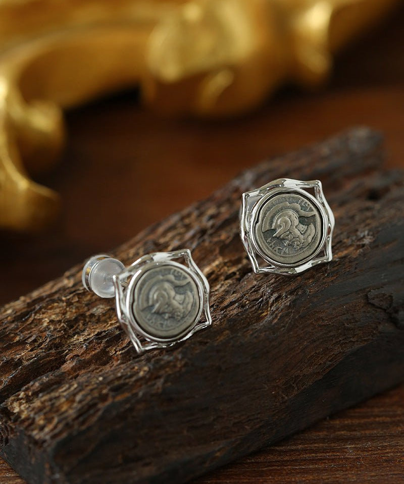 Ancient Greek Retro Blue 925 Silver Coin Stud Earrings - Type L - floysun