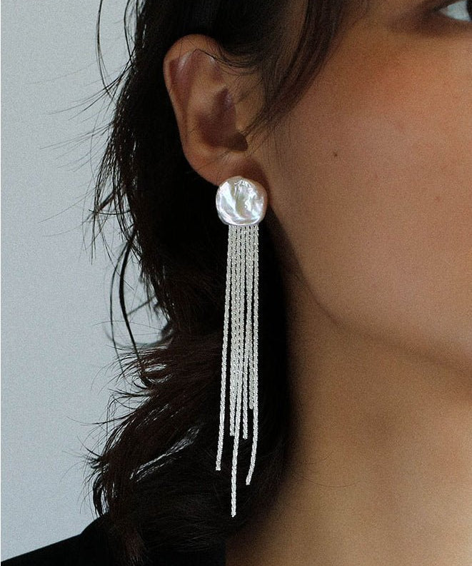 Anemone Chain Silver Tassel Petal Baroque Pearls Earrings - floysun