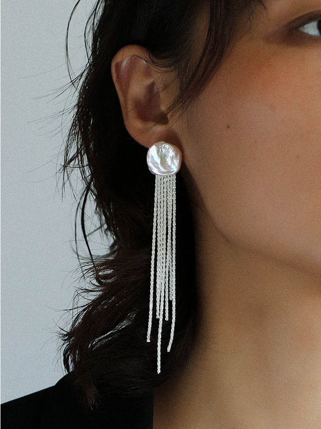 Anemone Chain Silver Tassel Petal Baroque Pearls Earrings - floysun