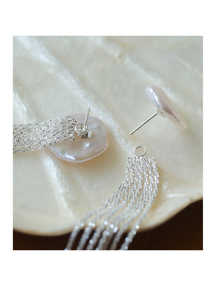 Anemone Chain Silver Tassel Petal Baroque Pearls Earrings - floysun