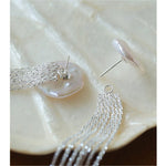 Anemone Chain Silver Tassel Petal Baroque Pearls Earrings - floysun