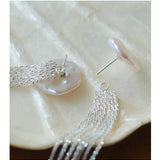 Anemone Chain Silver Tassel Petal Baroque Pearls Earrings - floysun